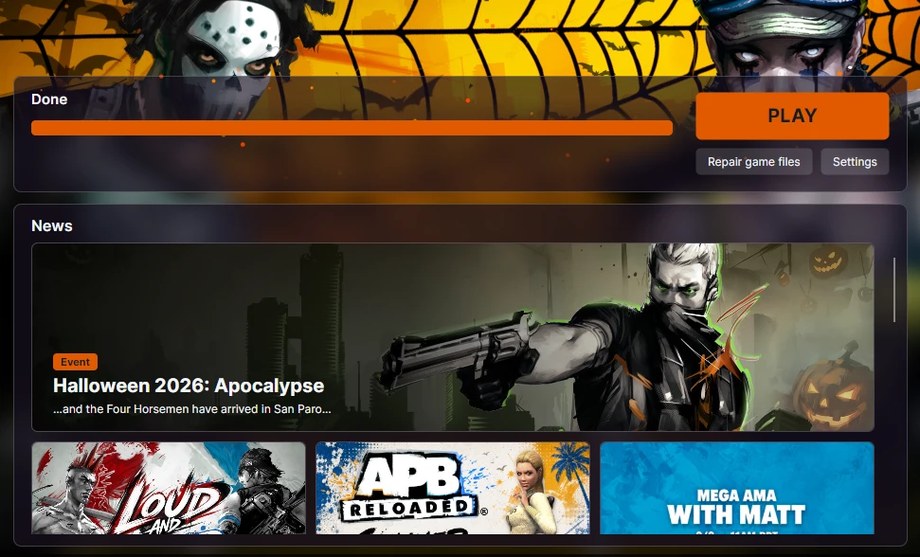 The new APB launcher with the Halloween 2026: Apocalypse banner